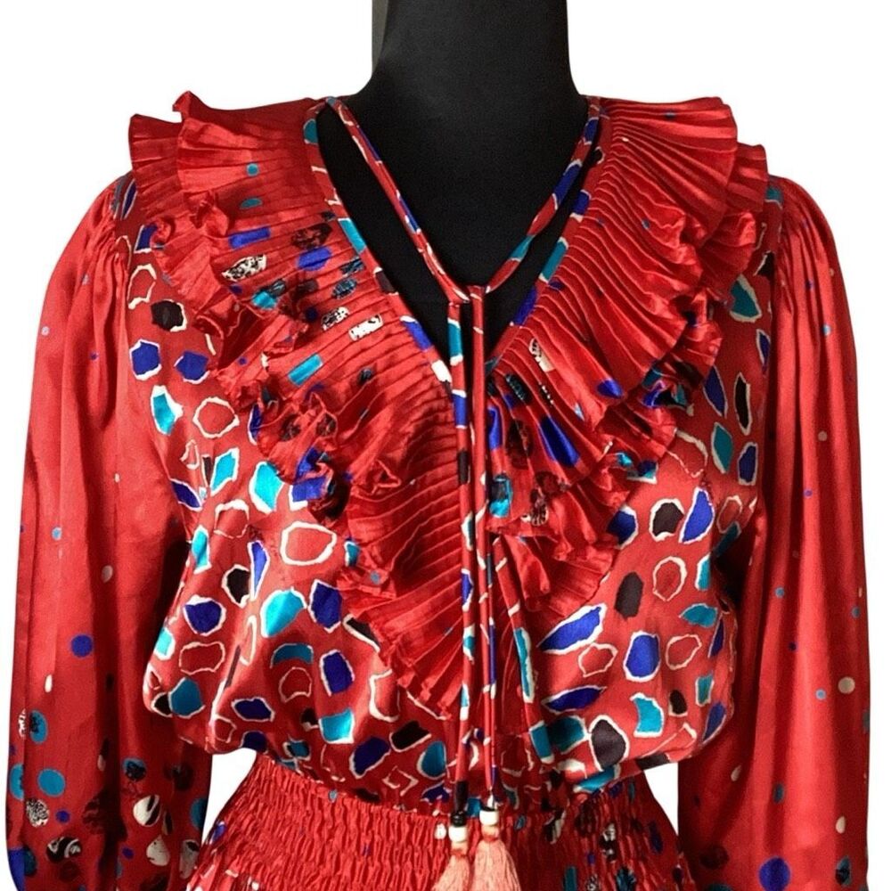 Vintage 80’s Diane Freis Original Ruffled Abstract Red Dress Puffed Sleeves - Picture 3 of 12